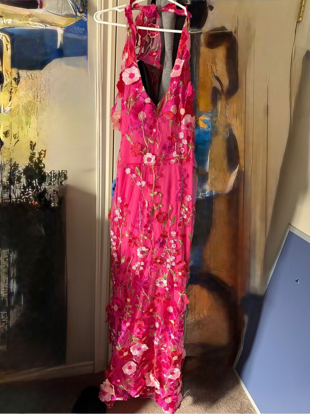 Floral Embroidered Halter Maxi Dress in Hot Pink